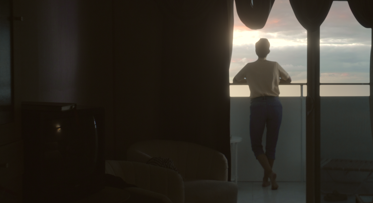 A fictional re-creation of Amy looking off of her balcony