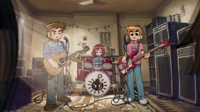 (L to R) Mark Webber as Stephen Stills, Alison Pill as Kim Pine and Michael Cera as Scott Pilgrim in Scott Pilgrim Takes Off. 