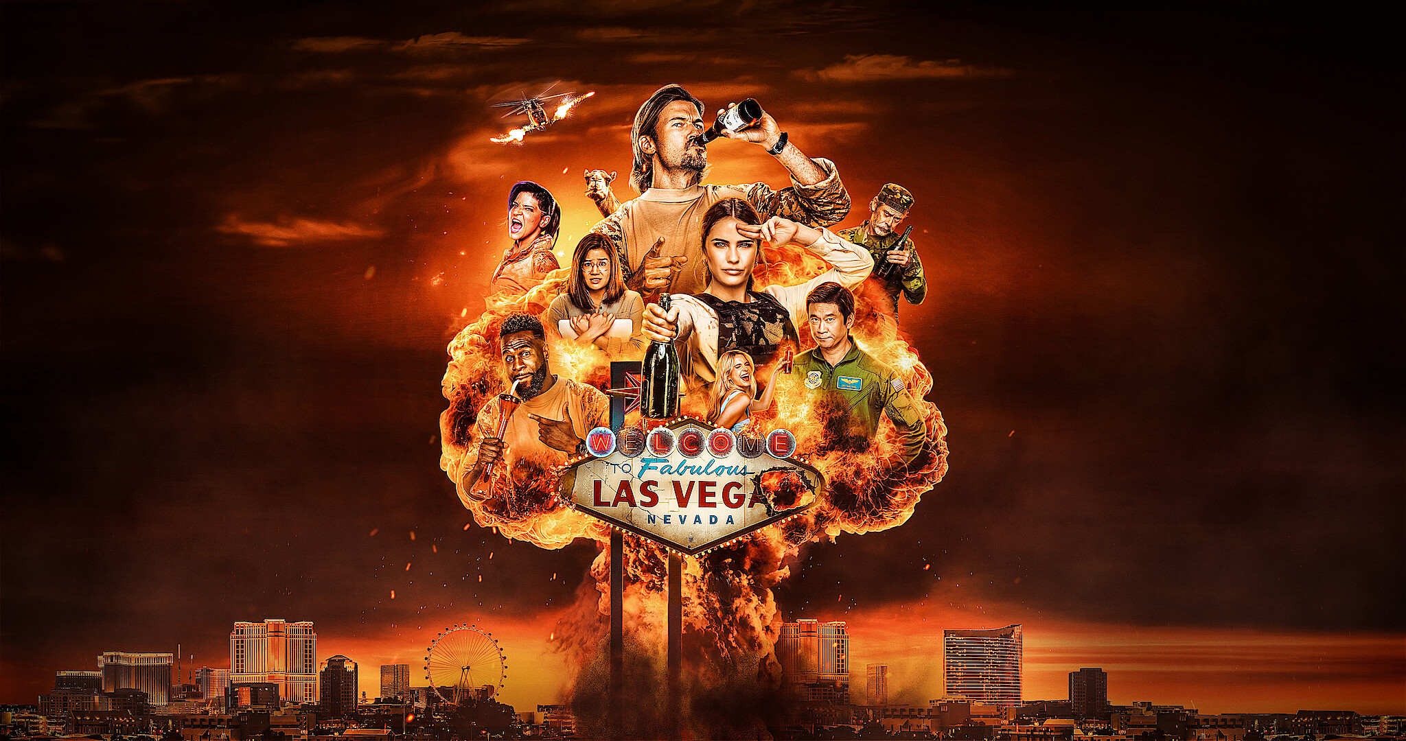 The Obliterated Cast in an illustration with an explosion in front of the Las Vegas skyline