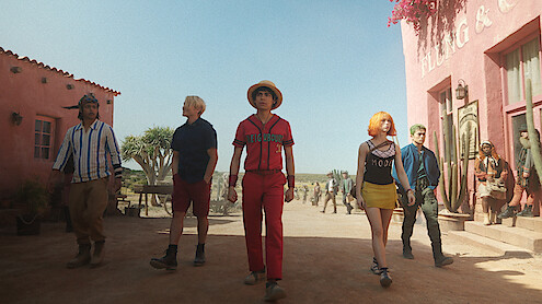Jacob Romero as Usopp, Taz Skylar as Sanji, Iñaki Godoy as Monkey D. Luffy, Emily Rudd as Nami, and Mackenyu as Roronoa Zoro in 'ONE PIECE' Season 2.